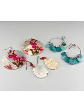 Painted Shell Dangle Statement Earrings Floral Teardrop Blue Pink